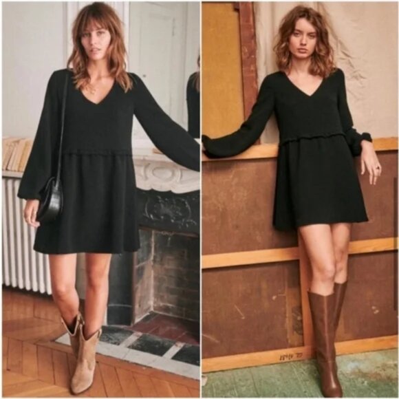 Sezane Penelope Dress black Size 34 / US 2 v-neck long sleeve mini 4 XS S - Picture 11 of 14